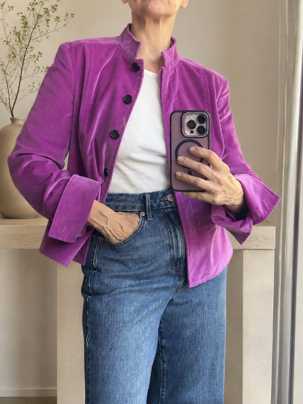 Carlisle Womens 6 Fuchsia Cotton Velvet Peplum Jacket Mandarin Collar.